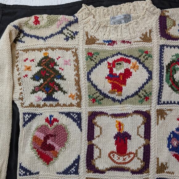 Vtg Heirloom Christmas Patchwork Cableknkit Sweater Cottagecore Gaudy Granny - Picture 2 of 10